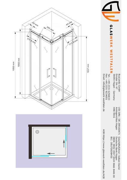 Technische Zeichnung einer Duschkabine mit Maßangaben