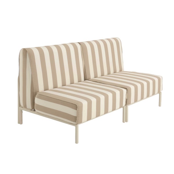 Zweisitzer Gartensofa mit gestreiften Sitz- und Rückenpolstern auf einem Metallgestell ohne Armlehnen.
