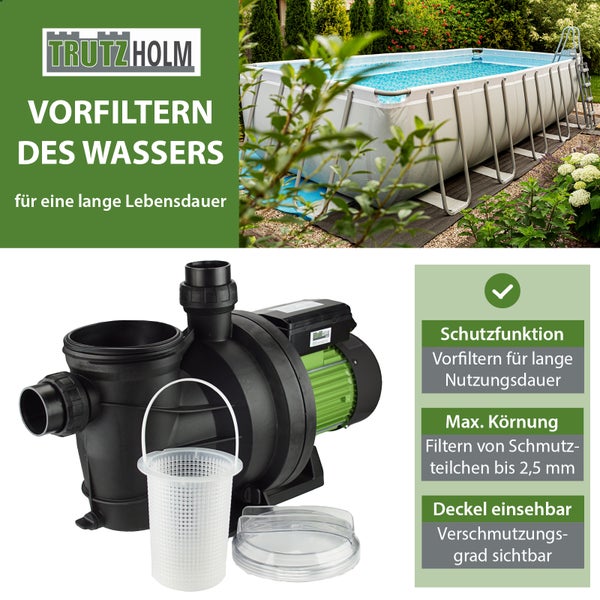 Trutzholm Poolpumpe mit Vorfilter zur Wasserreinigung inklusive Filterkorb und transparentem Deckel für rechteckigen Aufstellpool im Garten.