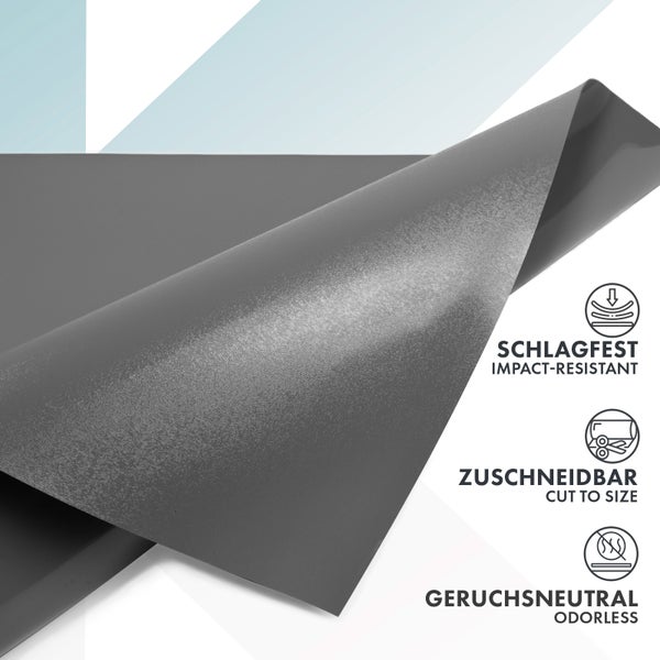 Schlagfeste, zuschneidbare und geruchsneutrale Kunststoffplatte in Grau.