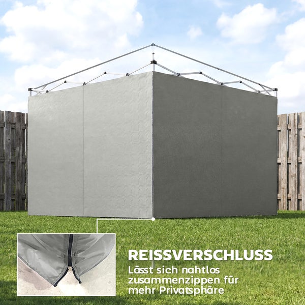Pavillon-Seitenwand auf einer Rasenfläche mit Detailansicht eines Reißverschlusses zur nahtlosen Verbindung mehrerer Wände für mehr Privatsphäre.