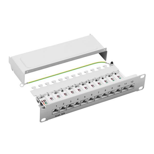 ProfiPatch Cat6a Patchpanel Patchfeld 10 Zoll 12 Port Verteilerfeld  RJ45 Rackeinbau geschirmt 1HE grau