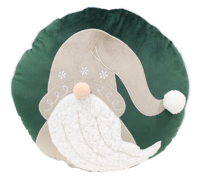 Rundes Weihnachtskissen mit Wichtelmotiv aus weichem Plüschstoff.