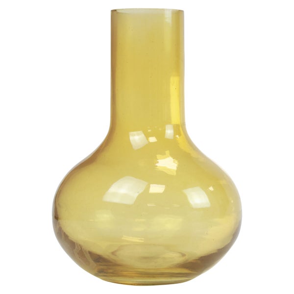 Gelbe Glasvase mit bauchigem Körper und langem Hals.