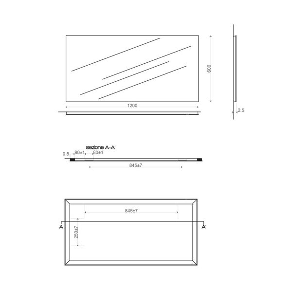 Technische Zeichnung eines Spiegels mit Maßangaben