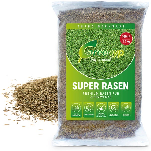 Greenyp Super Rasen I sattgrüner Premium Zierrasen I 2,5kg für 100m² I Traumrasen Nachsaat Grassamen Rasensamen Rasensaat Gras schnellkeimend