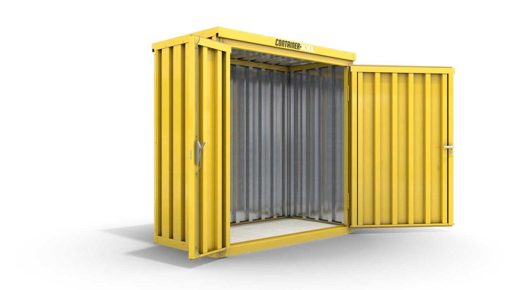 Lagercontainer Gerätehaus S  – 4 qm, H2150 x B2100 x T2170 mm, Außenwandlackierung RAL 1003 signalgelb, Dach außen verzinkt, mit Holzfußboden, 1830 mm Doppelflügeltür mittig in Breitseite, montiert