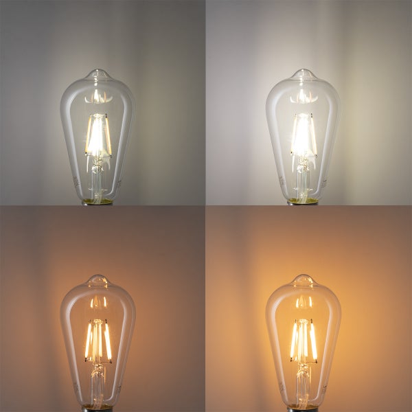 Vierfache Ansicht einer LED-Filamentlampe in Edison-Form mit unterschiedlichen Farbtemperaturen von Kaltweiß bis Warmweiß.