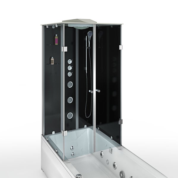 Kombinierte Dusch- und Badewanne mit Glaswänden, Whirlpool-Düsen, Massagedüsen, Handbrause, Regendusche und Ablagen.