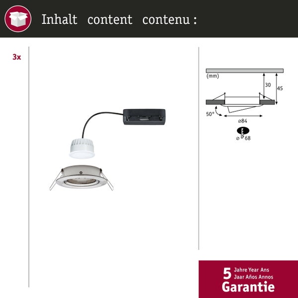 LED-Einbaustrahler 3er Set mit Montagezeichnung, Maßen in Millimetern, 50 Grad schwenkbar und 5 Jahren Garantie.