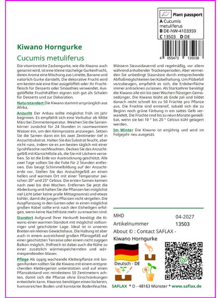 SAFLAX Geschenk Set - Kiwano Horngurke - Cucumis metuliferus - 10 Samen - Mit Geschenkbox, Versandaufkleber, Geschenkkarte und Anzuchtsubstrat