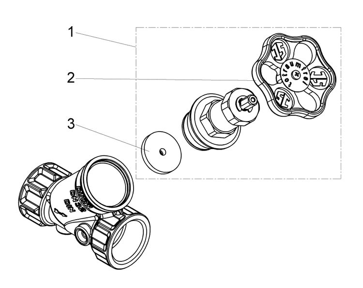 Technische Zeichnung eines Schrägsitzventils mit Handrad, Oberteil und Dichtung, markiert mit DN 20, DVGW und DIN.