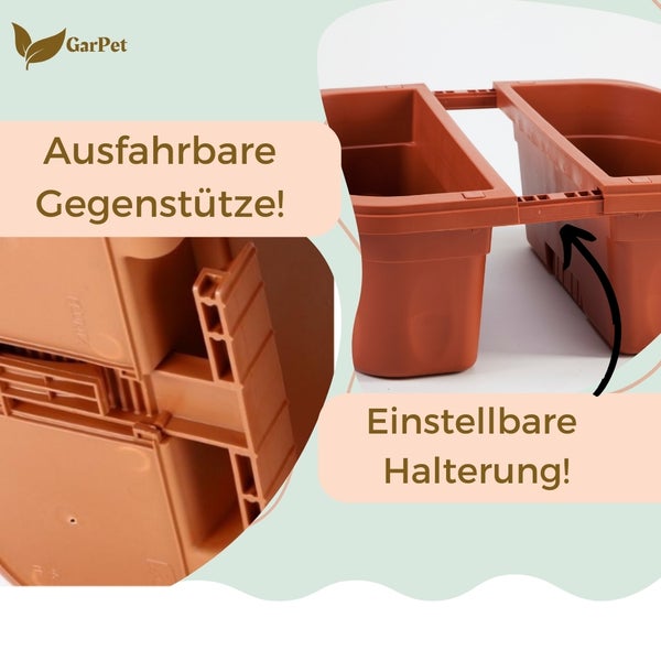 GarPet Logo. Bild von zwei Pflanzkästen mit ausfahrbarer Gegenstütze und einstellbarer Halterung.