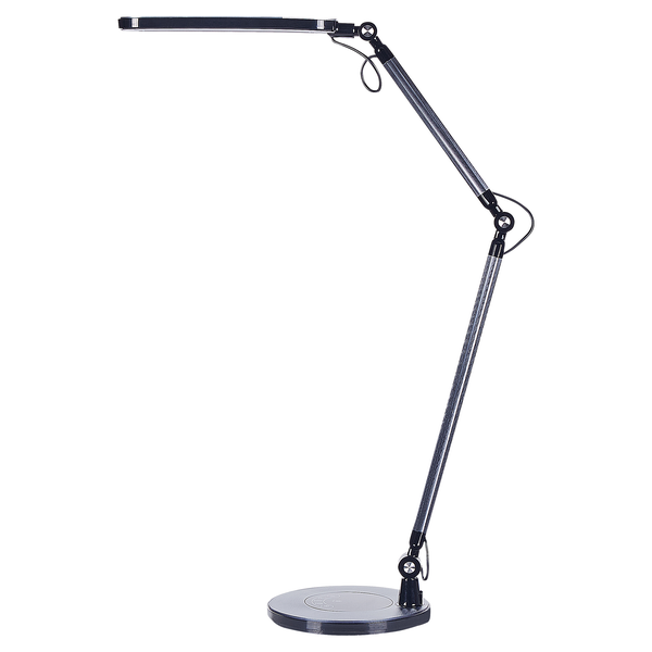 Moderne LED Schreibtischleuchte mit beweglichem Arm und flachem Leuchtenkopf auf einem runden Standfuß
