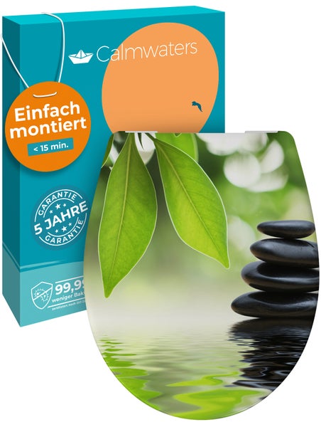 Calmwaters® WC Sitz Motiv Wellness Oase einfache Montage, Toilettendeckel bis 250 kg, Made in EU, antibakterieller Duroplast, Absenkautomatik, 2 Montage Optionen, abnehmbar, Klobrille, oval