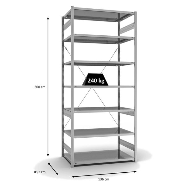PROREGAL Fachbodenregal Stecksystem T-Profil Medium-Duty Grundregal HxBxT 300 x 130 x 80 cm 7 Ebenen Fachlast 240 kg Einseitig Nutzbar Verzinkt