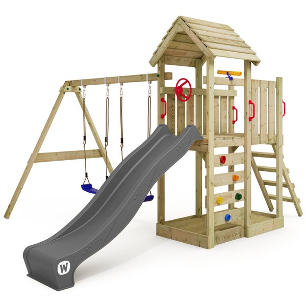 WICKEY Spielturm Klettergerüst MultiFlyer Holzdach mit Schaukel und Rutsche, Kletterturm mit Holzdach, Sandkasten, Leiter und Spiel-Zubehör - anthrazit