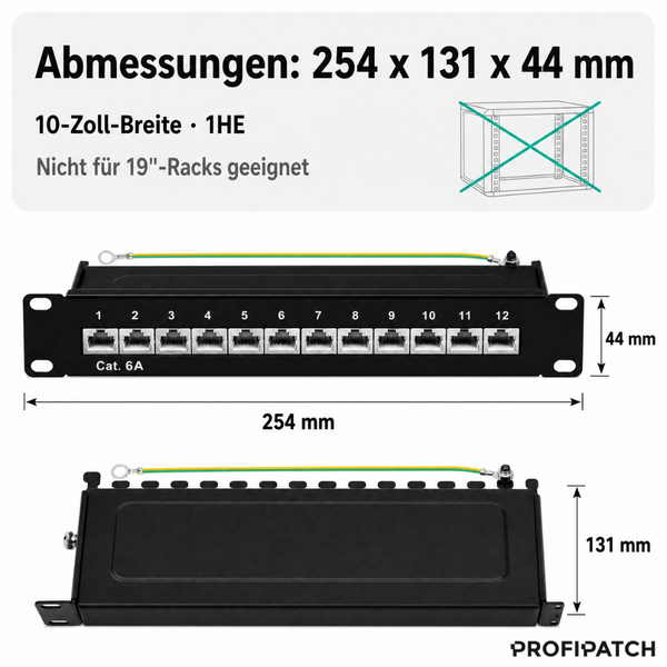 10 Zoll Kategorie 6A Patchpanel, 12 Ports, 254 x 131 x 44 Millimeter, 1 Höheneinheit, nicht für 19 Zoll Racks geeignet, Profipatch Logo.