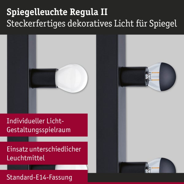 Spiegelleuchte Regula II mit Standard-E14-Fassung für verschiedene Leuchtmittel, dekorative Beleuchtung für Spiegel.