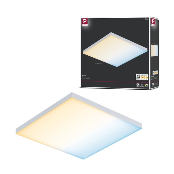 Paulmann Velora quadratische LED Deckenleuchte rahmenlos mit Smart Home Zigbee Steuerung in der Produktverpackung