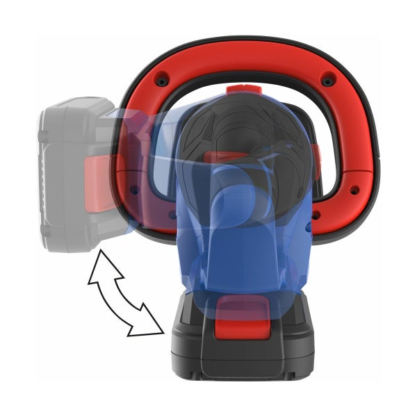 Elektrisches Gartengerät mit um 90 Grad drehbarem Handgriff für flexibles und ergonomisches Arbeiten.