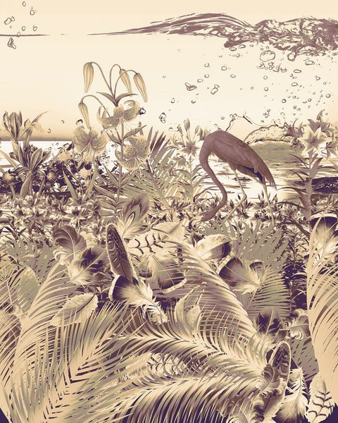 Illustration einer tropischen Szene mit einem Flamingo, Blumen und Federn