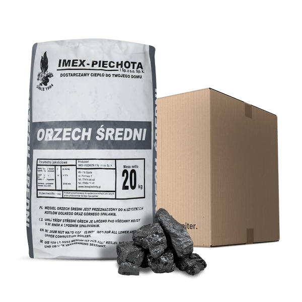 20 Kilogramm Sack Steinkohle Orzech Sredni von Imex-Piechota mit einzelnen Kohlebrocken und einem Karton sowie dem Imex-Piechota Logo.