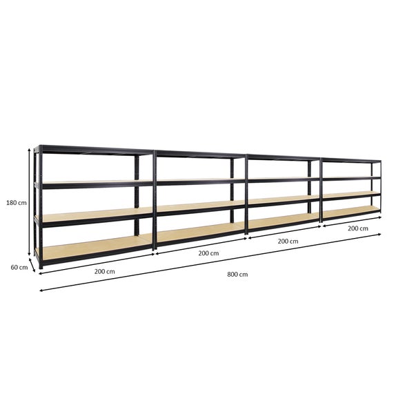 PROREGAL Mega Deal 4x Schwerlastregal Dino HxBxT 180 x 200 x 60 cm Fachlast 500 kg Schwarz