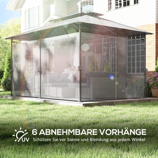 Gartenpavillon mit 6 abnehmbaren Vorhängen für UV-Schutz und Sonnenschutz auf einer Rasenfläche.