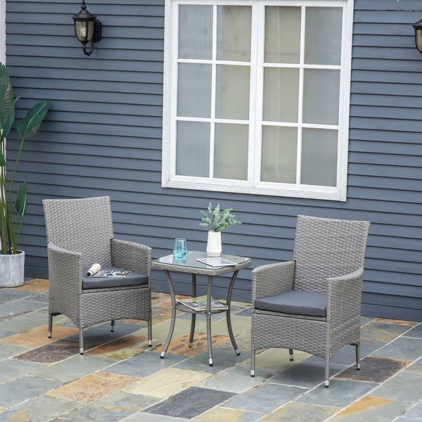 Outsunny 3-tlg. Gartenmöbel-Set, B60 x T58,5 x H89,5 cm, Metall, PE-Rattan, Polyester, Schaumstoff, grau