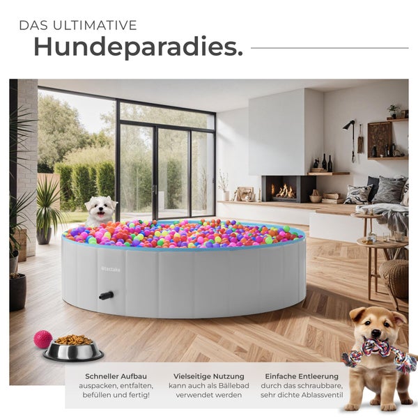 Faltbarer Hundepool von tectake genutzt als Bällebad in einem Wohnzimmer mit zwei kleinen Hunden, Hundespielzeug und Futternapf.