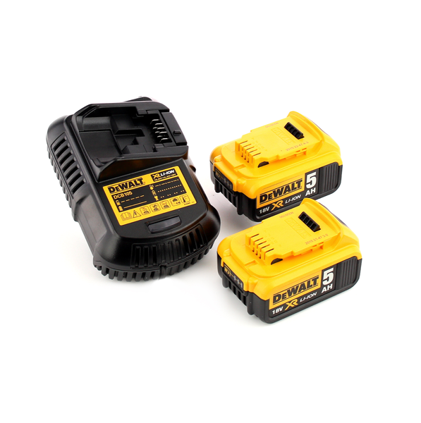DeWalt Akku-Ladegerät mit zwei 18 Volt Lithium-Ionen-Akkus mit einer Kapazität von 5 Amperestunden.