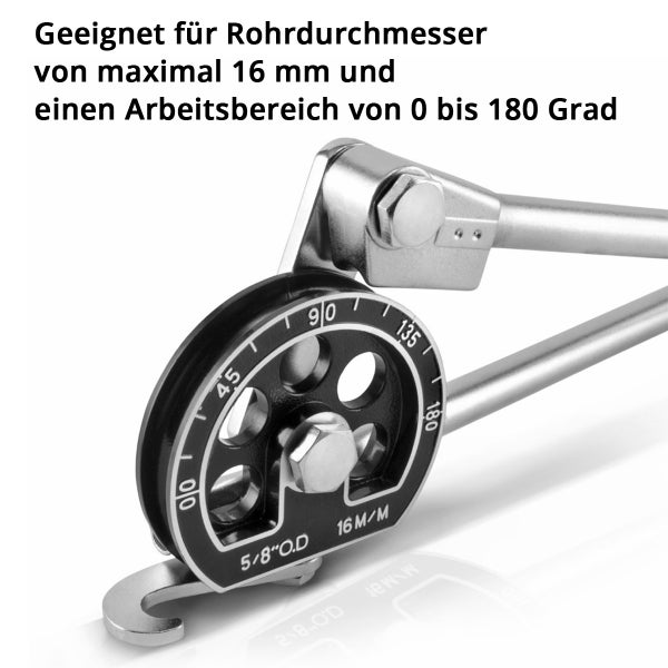 Rohrbiegegerät für Rohrdurchmesser bis maximal 16 Millimeter und einen Arbeitsbereich von 0 bis 180 Grad