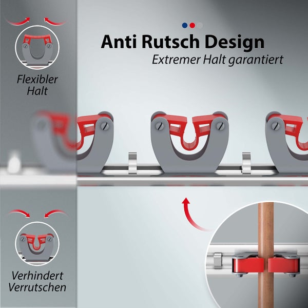 GARLAVIE Besenhalterung Wand mit 4 Haltern und 5 Haken (45cm) I robuster Gerätehalter für mehr Ordnung I Premium Besenhalter und Gartenwerkzeug Halterung
