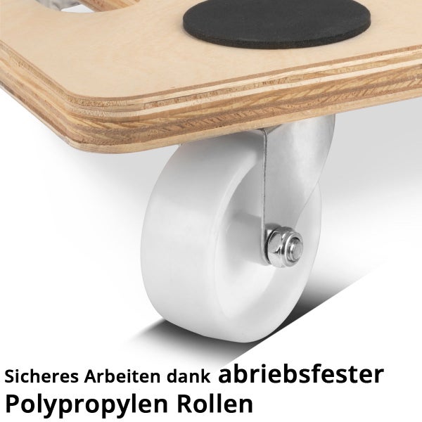 Nahaufnahme eines Transportrollers mit abriebsfester Polypropylen-Rolle, Holzplatte und Antirutschauflage.