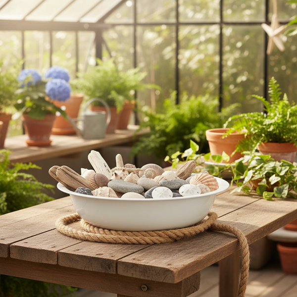 Dekorative weiße Schale gefüllt mit Muscheln, Steinen und Treibholz auf einem Holztisch in einem hellen Gewächshaus mit Pflanzen.