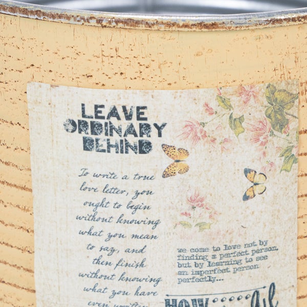 Nahaufnahme eines Deko-Behälters im Vintage-Stil mit dem Schriftzug Leave Ordinary Behind, Schmetterlingen und floralen Mustern auf strukturierter Oberfläche.