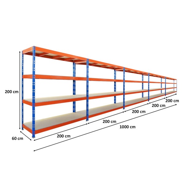 PROREGAL Mega Deal 5x Profi Schwerlastregal Rhino HxBxT 200x200x60cm 4 Spanplatten-Ebenen 16mm Fachlast 500kg Blau-Orange