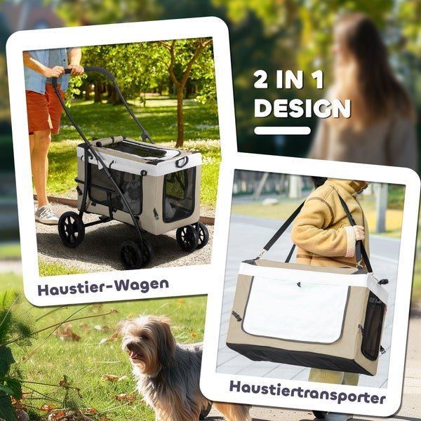 PawHut 2 in 1 Hundewagen Hundebuggy klappbar für Hunde & Katzen bis 10 kg Katzenbuggy mit Kissen Netzfenstern Türen Aufbewahrungskorb Katzenwagen Buggy Khaki