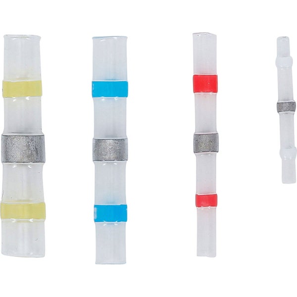 Vier Lötverbinder in verschiedenen Größen aus Kunststoff mit Lötzinnring.