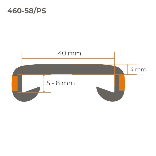 Profilquerschnitt mit Maßen: Breite 40 Millimeter, Lippenhöhe 5 bis 8 Millimeter, Stärke 4 Millimeter. Modell 460-58/PS.