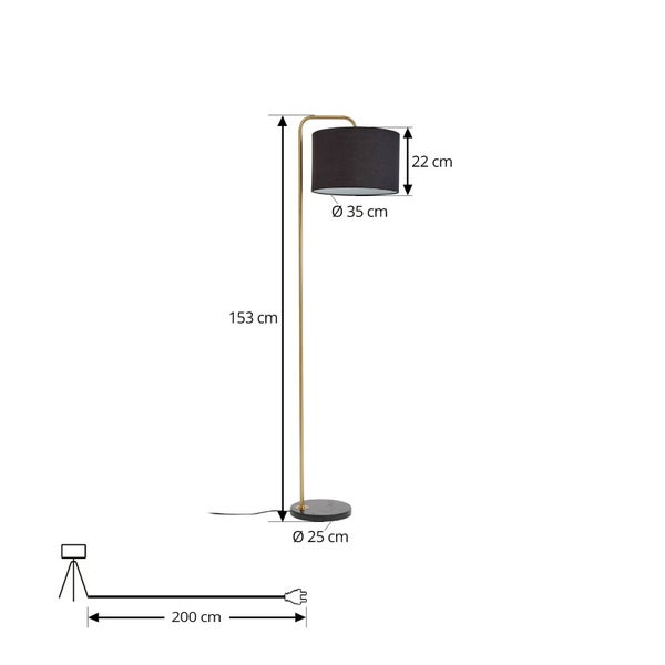 Gold-schwarze Stehleuchte: Höhe 153 Zentimeter, Schirmdurchmesser 35 Zentimeter, Schirmhöhe 22 Zentimeter, Basis 25 Zentimeter, Kabel 200 Zentimeter.