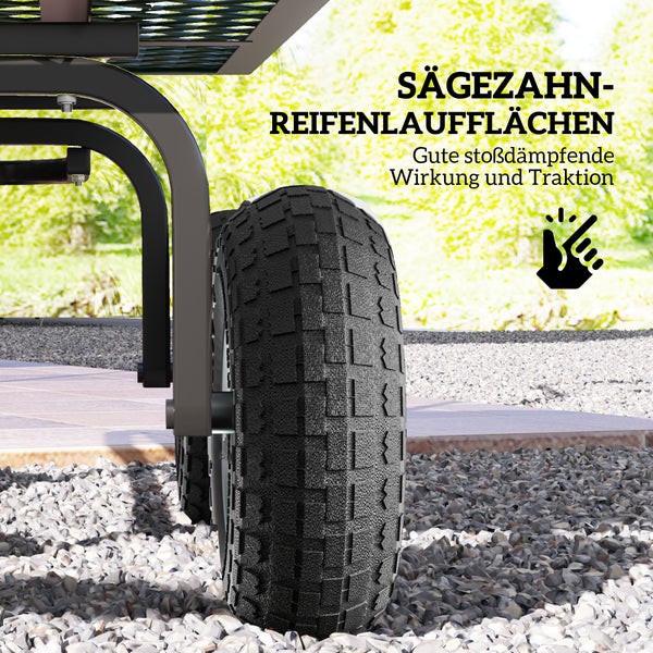 Detailaufnahme eines Bollerwagen-Reifens mit tiefem Sägezahnprofil für hohe Traktion und stoßdämpfende Wirkung auf unebenem Untergrund.