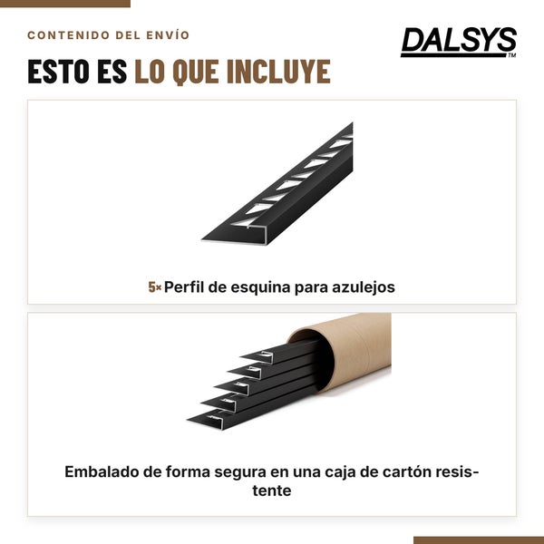 Dalsys Fliesenabschlussprofil im Fünferpack verpackt in einem stabilen Versandrohr aus Pappe für sicheren Transport.