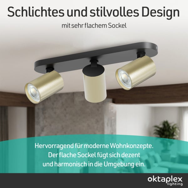 Dreiflammige Deckenleuchte mit verstellbaren Spotstrahlern und flachem Sockel. Oktaplex Lighting Logo.