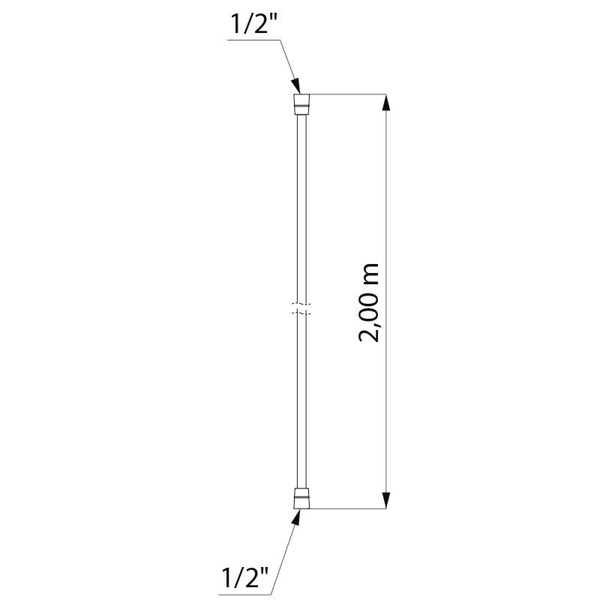 Maßzeichnung eines Brauseschlauchs mit einer Länge von 2,00 Metern und zwei 1/2 Zoll Anschlüssen.