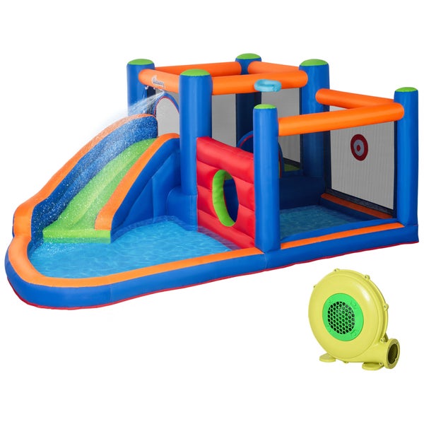 Outsunny Aufblasbare Hüpfburg Wasserpark mit Gebläse Hüpfburg mit Wasserrutsche Basketballkorb Aufblasbare Wasserspielcenter für Kinder ab 3 Jahren Trampolin Pool 380 x 340 x 170 cm
