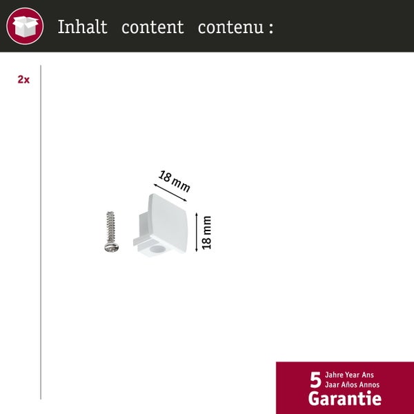 Packungsinhalt bestehend aus zwei weißen Endkappen aus Kunststoff 18 Millimeter mal 18 Millimeter, zwei Schrauben und 5 Jahren Garantie.