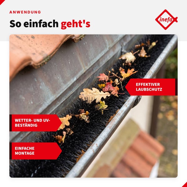 Dachrinnenbürste von Inefa als effektiver Laubschutz in einer Dachrinne montiert.