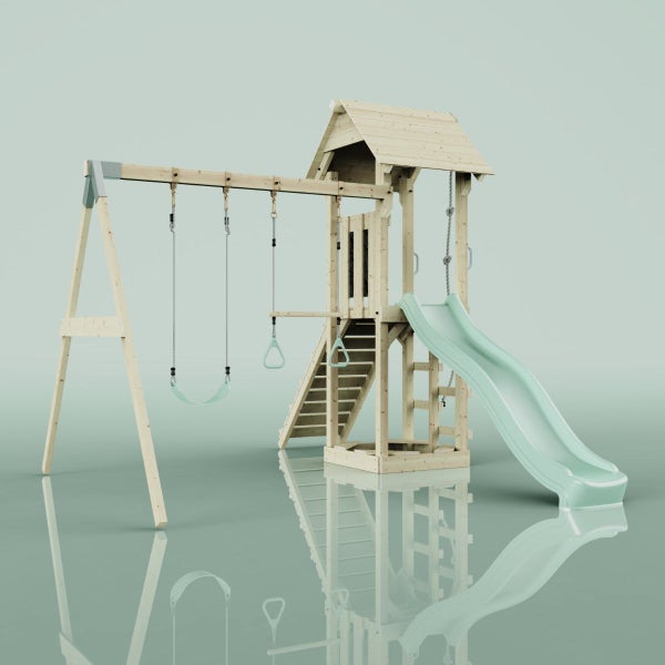 Spielplatz mit Schaukel, Kletterturm und Rutsche